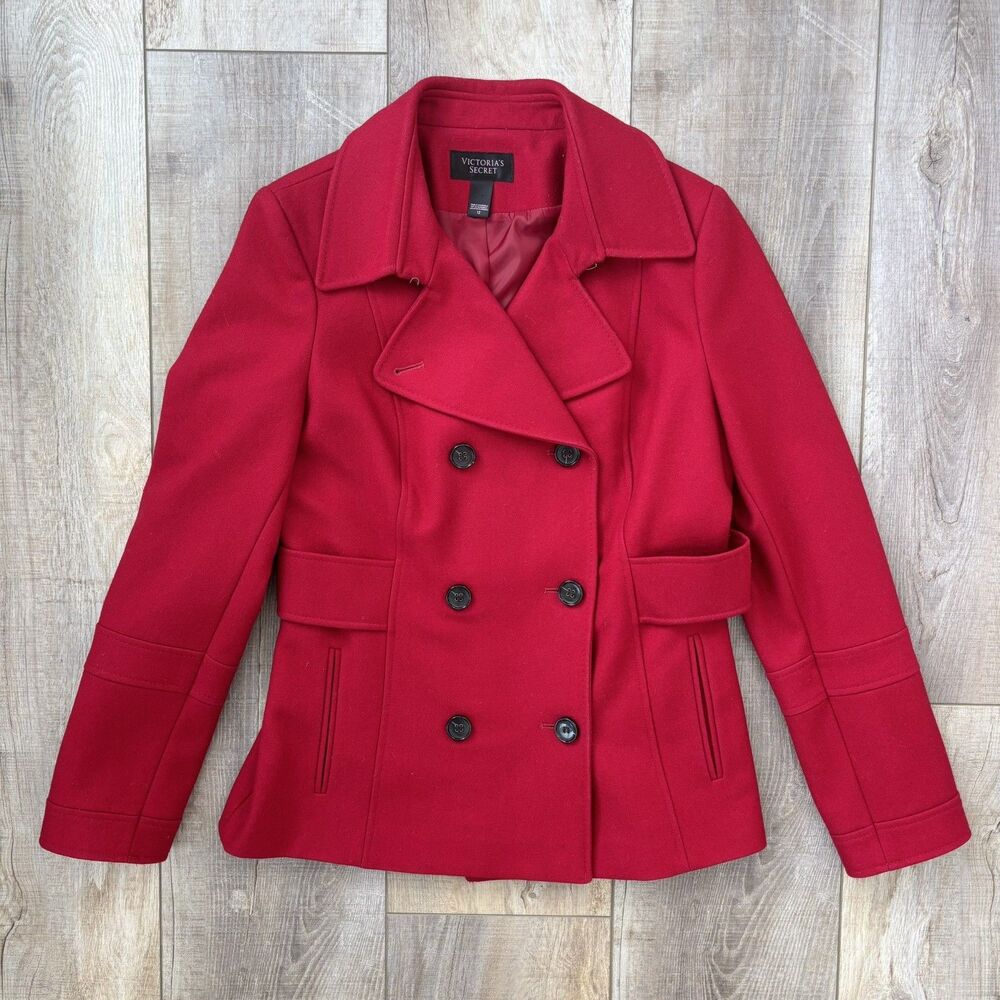 Victoria’s Secret Womens Red Pea Coat Size 12 Wool Blend Double Breasted Classic - Picture 9 of 15